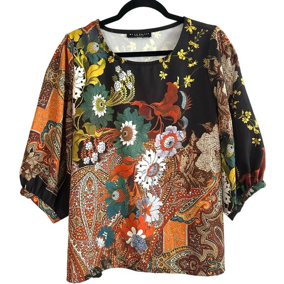 BRYN WALKER Cara Paisley Floral Print Top Peasant Sleeves Tie-Back - Sz Small - Picture 1 of 5